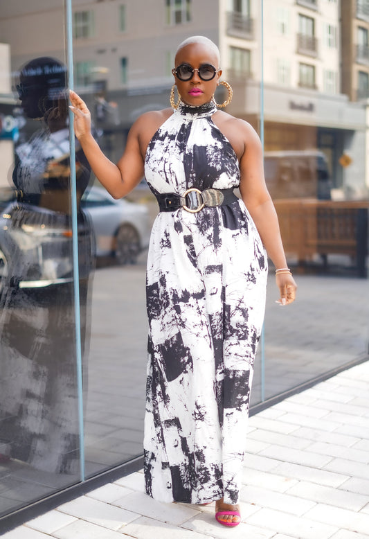 Black & White Tie Dye Mock Neck Jumpsuit