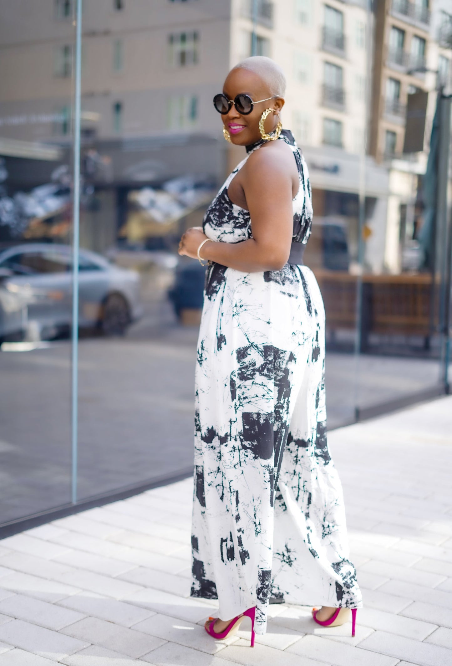 Black & White Tie Dye Mock Neck Jumpsuit
