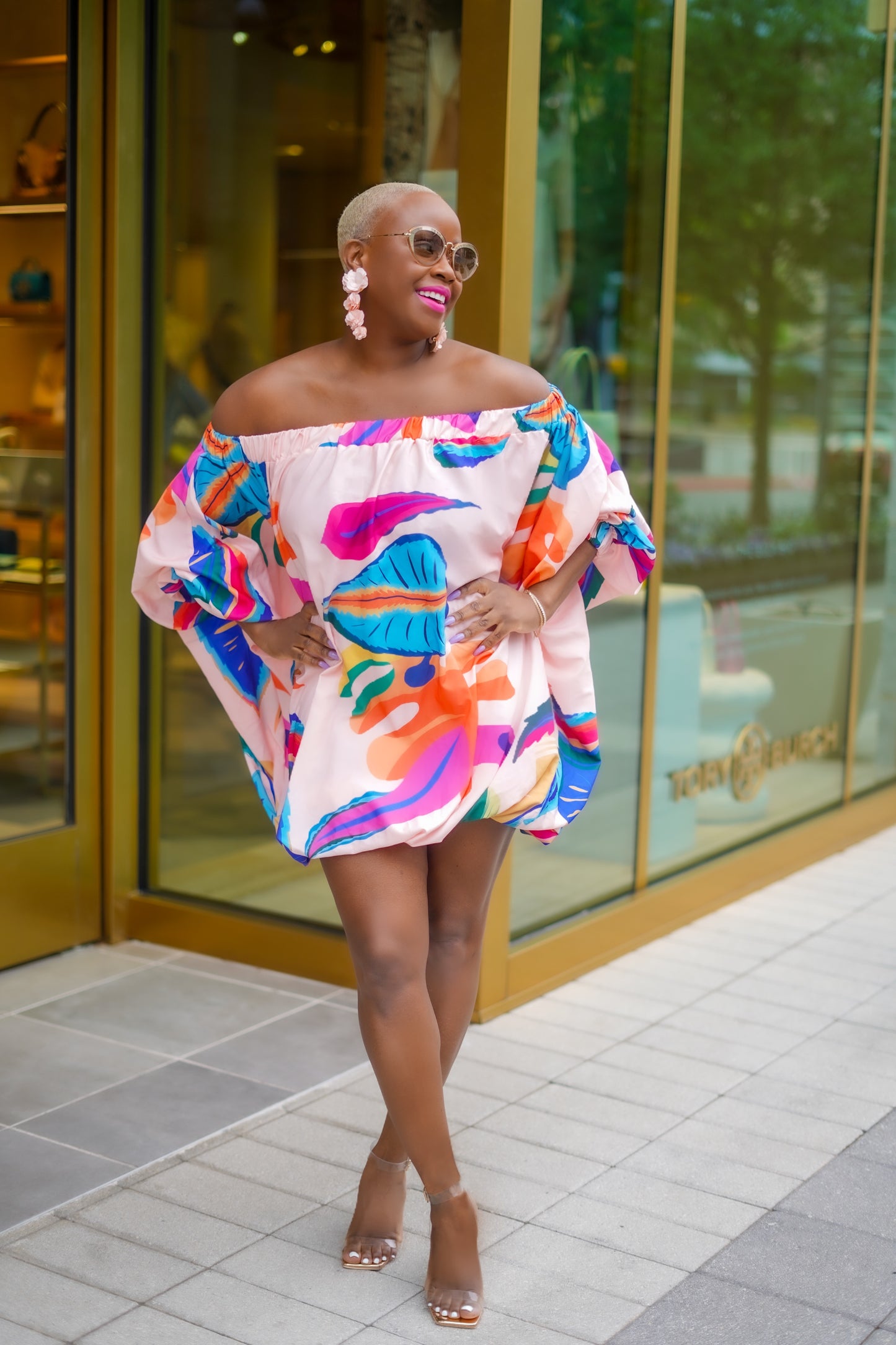 PLUS SIZE--Tropical Print Puff Sleeve Mini Dress—Will Ship The Week Of 11/10/25