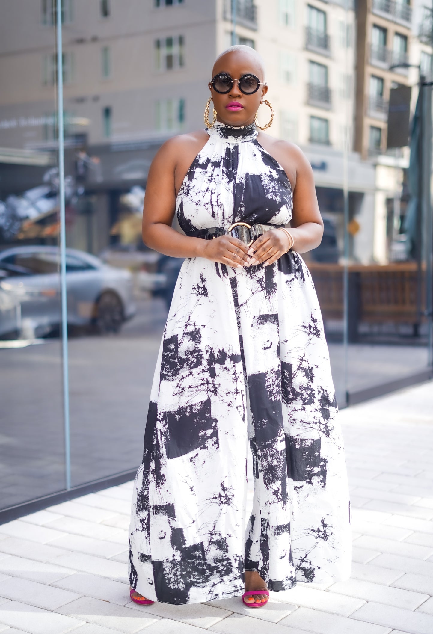 Black & White Tie Dye Mock Neck Jumpsuit