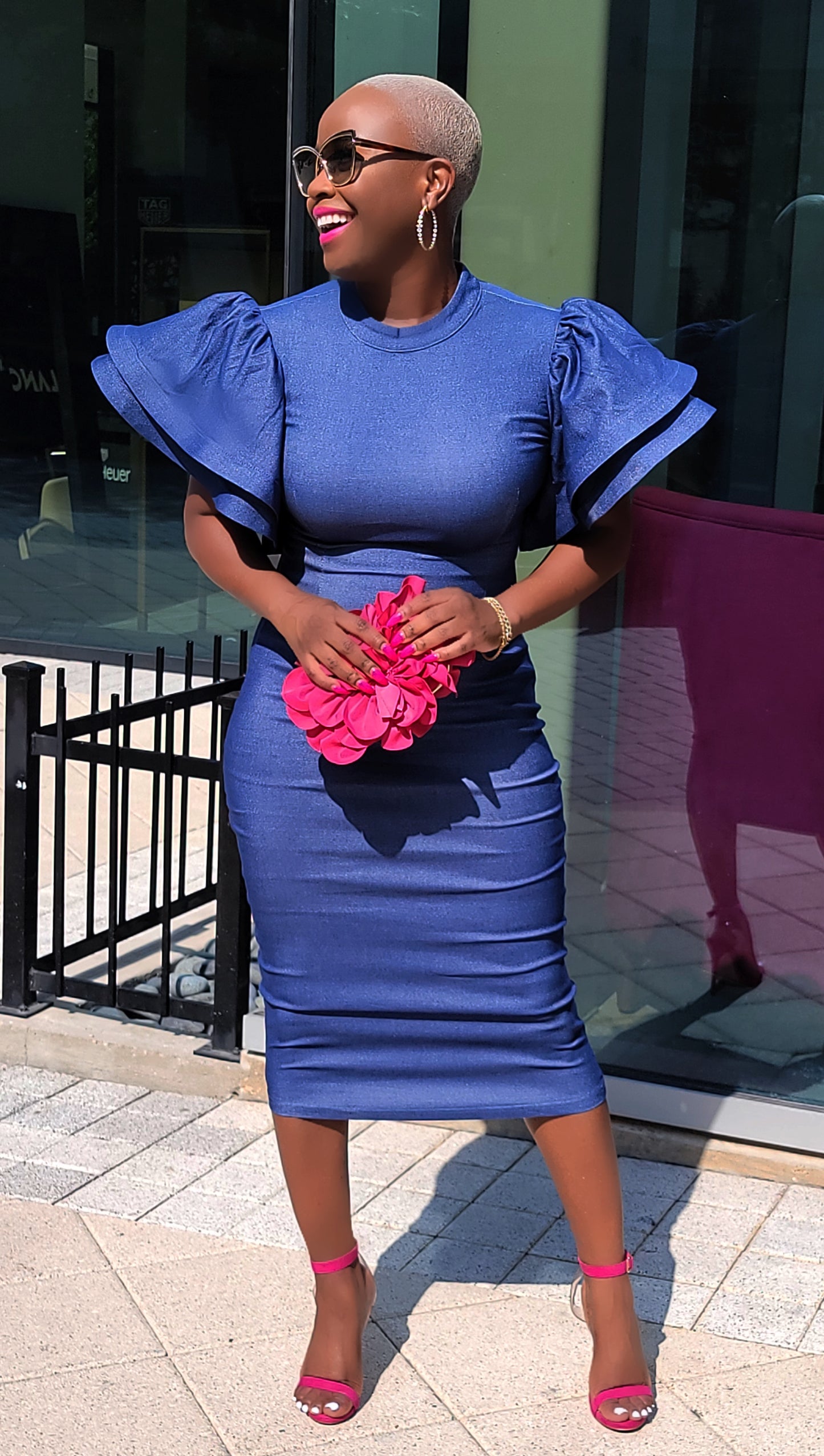 Butterfly Ruffled Sleeve Midi Dress (Denim)