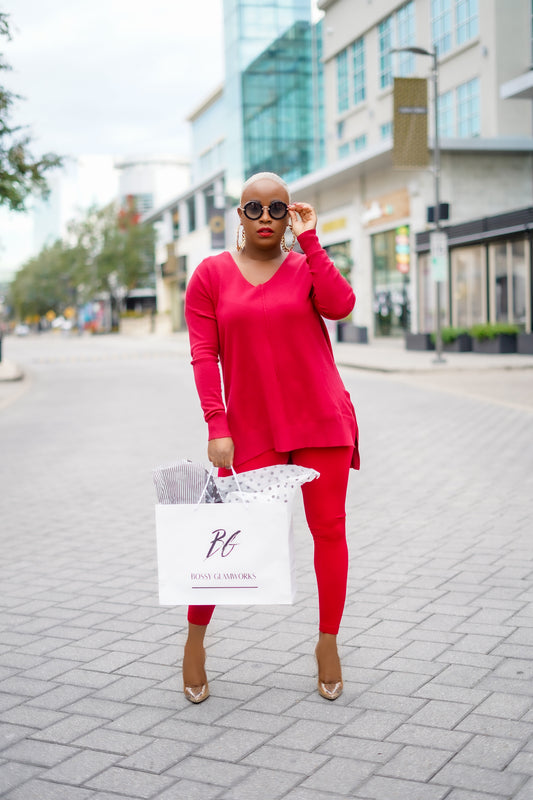 Saturday Morning V-Neck Center Seam Sweater Set (Holiday Red)