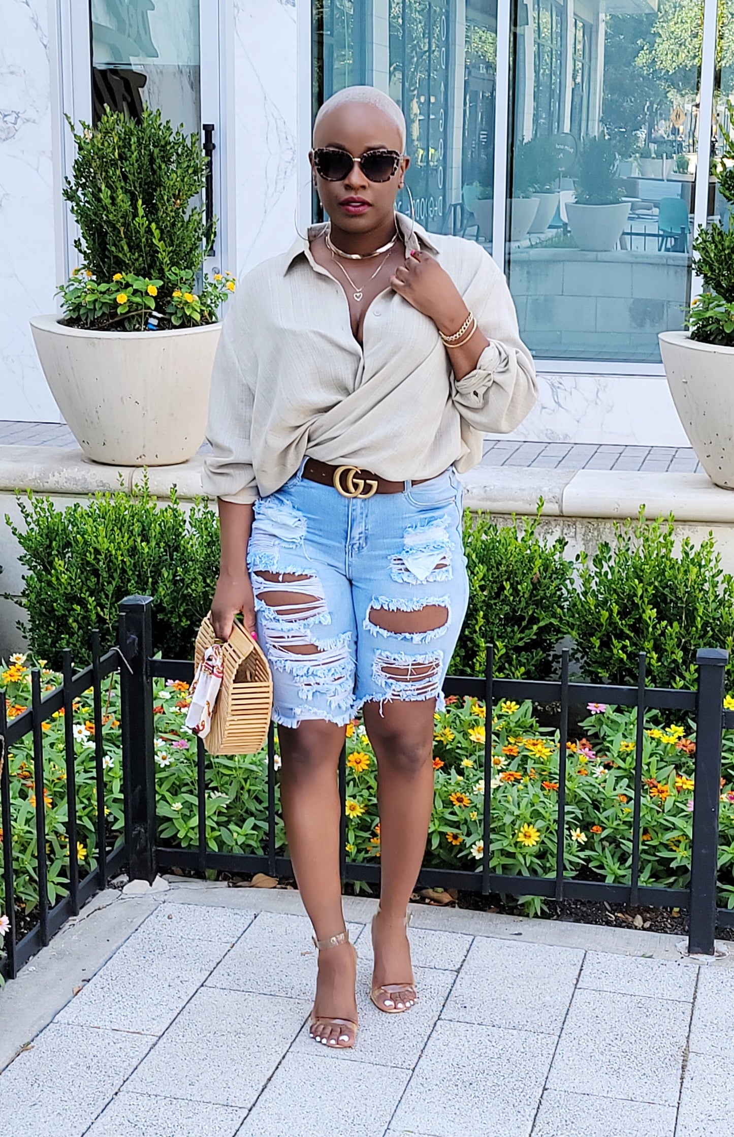 PLUS SIZE--High Waisted Distressed Denim Bermuda Shorts