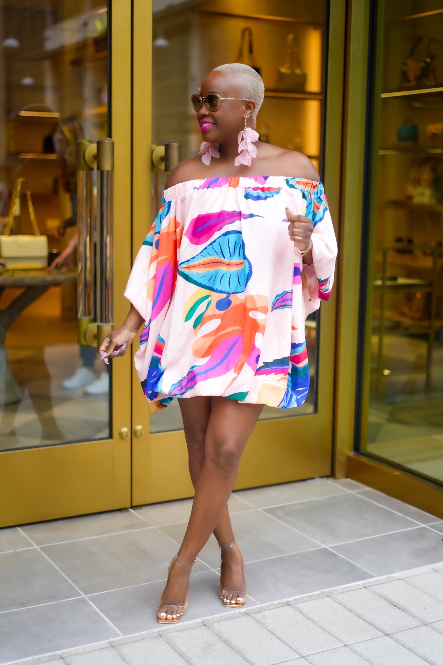 PLUS SIZE--Tropical Print Puff Sleeve Mini Dress—Will Ship The Week Of 11/10/25