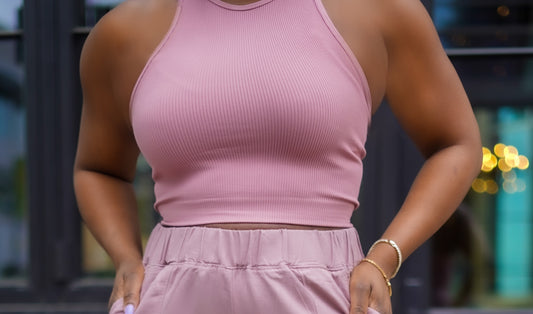 Caramel Queen Ribbed High Neck Cropped Top (Light Rose)