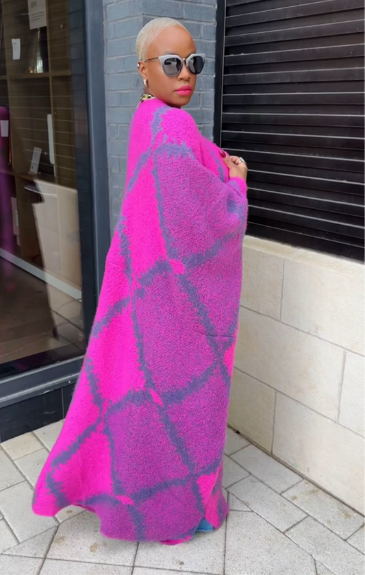 Oversized Open Front Poncho Sweater (Grey Fuchsia)--Will Ship The Week Of 10/13/25