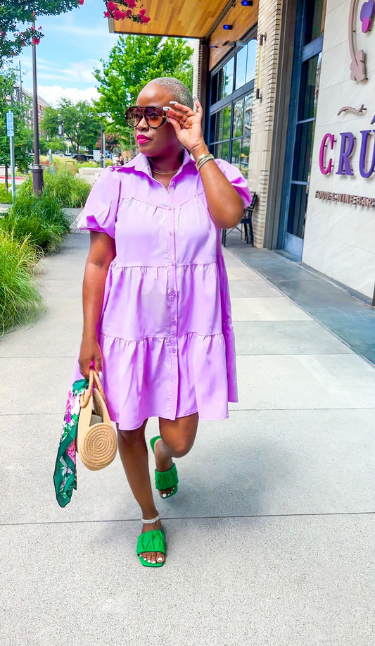 Puff Sleeve Button Down Baby Doll Dress (Lilac)--Will Ship The Week Of 7/27/26