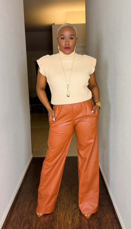 Audrey Sweater & Faux Leather Pants Set (Cream & Cognac)—Will Ship The Week Of 10/13/25