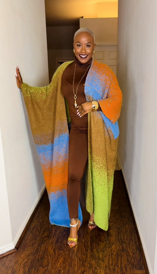 Oversized Open Front Poncho Sweater (Olive/Mocha/Orange Mix)--Will Ship The Week Of 10/13/25
