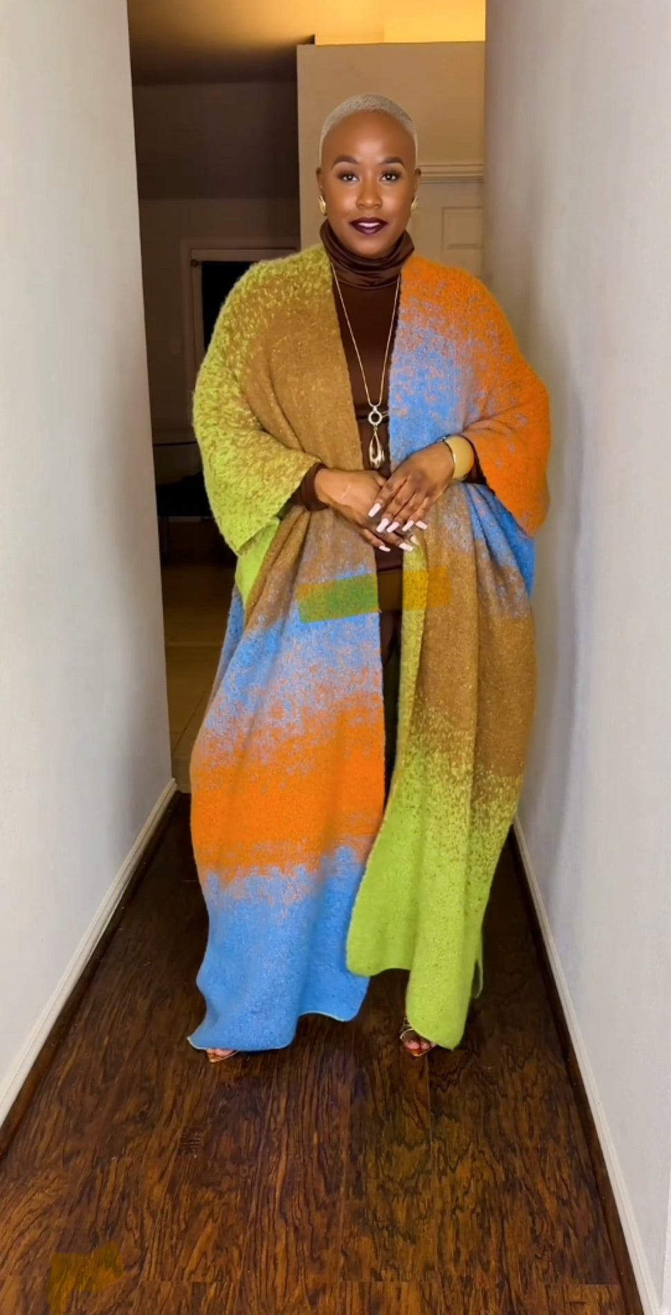 Oversized Open Front Poncho Sweater (Olive/Mocha/Orange Mix)--Will Ship The Week Of 10/13/25