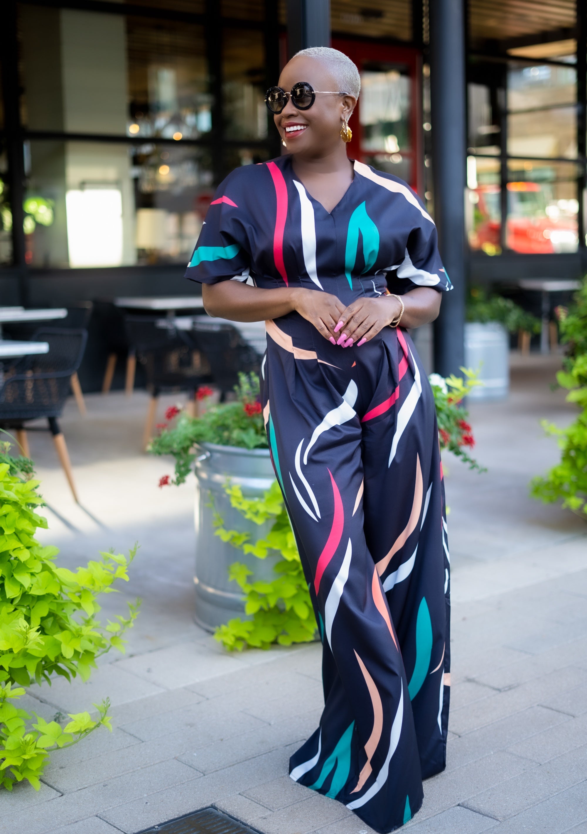 PLUS SIZE—Wide Legged Abstract Print Jumpsuit (Black)—Will Ship The Week Of 3/13/24