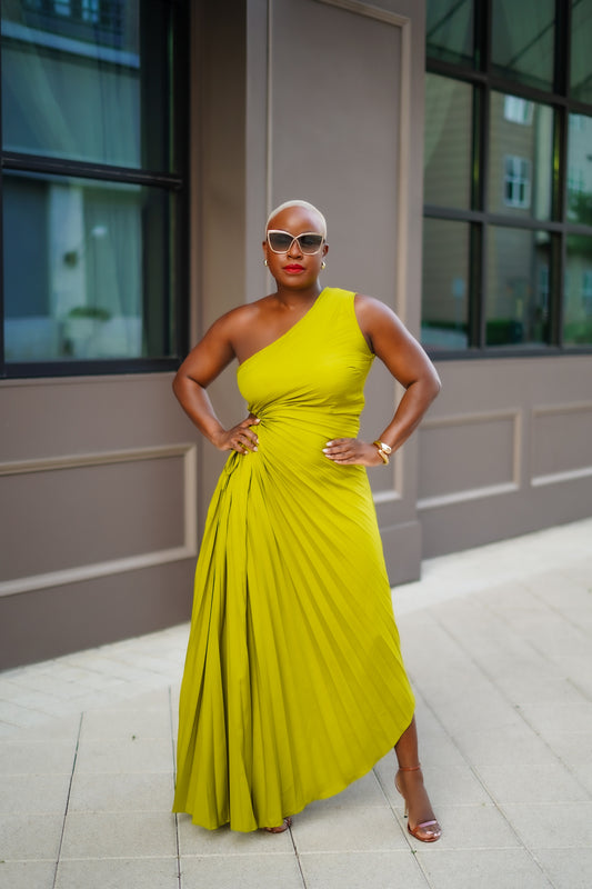 Isn't She Lovely Pleated Dress (Olive Green)--Will Ship The Week Of 5/19/25