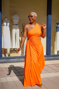 Isn't She Lovely Pleated Dress (Bright Orange)--Will Ship The Week Of 10/2/23