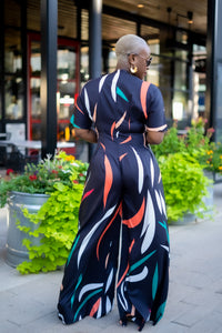 PLUS SIZE—Wide Legged Abstract Print Jumpsuit (Black)—Will Ship The Week Of 6/3/24