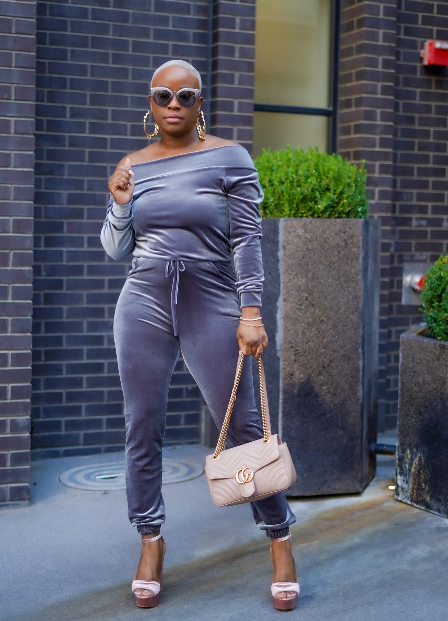 Girls Night Out Off The Shoulder Jumpsuit (Pewter Gray)