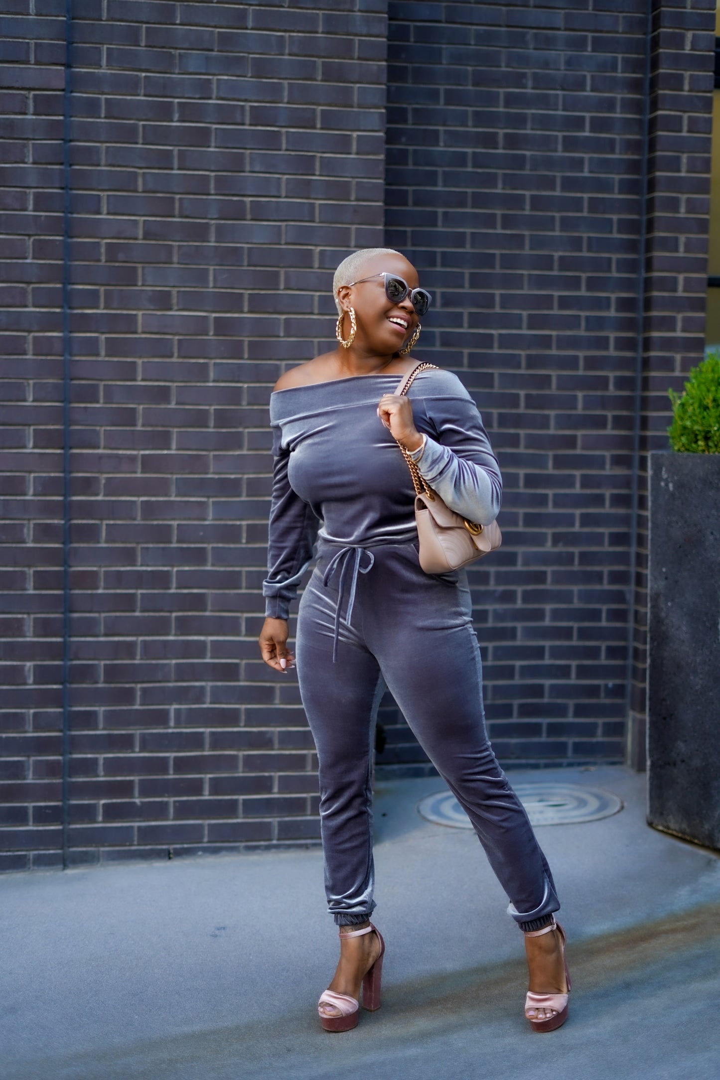 Girls Night Out Off The Shoulder Jumpsuit (Pewter Gray)