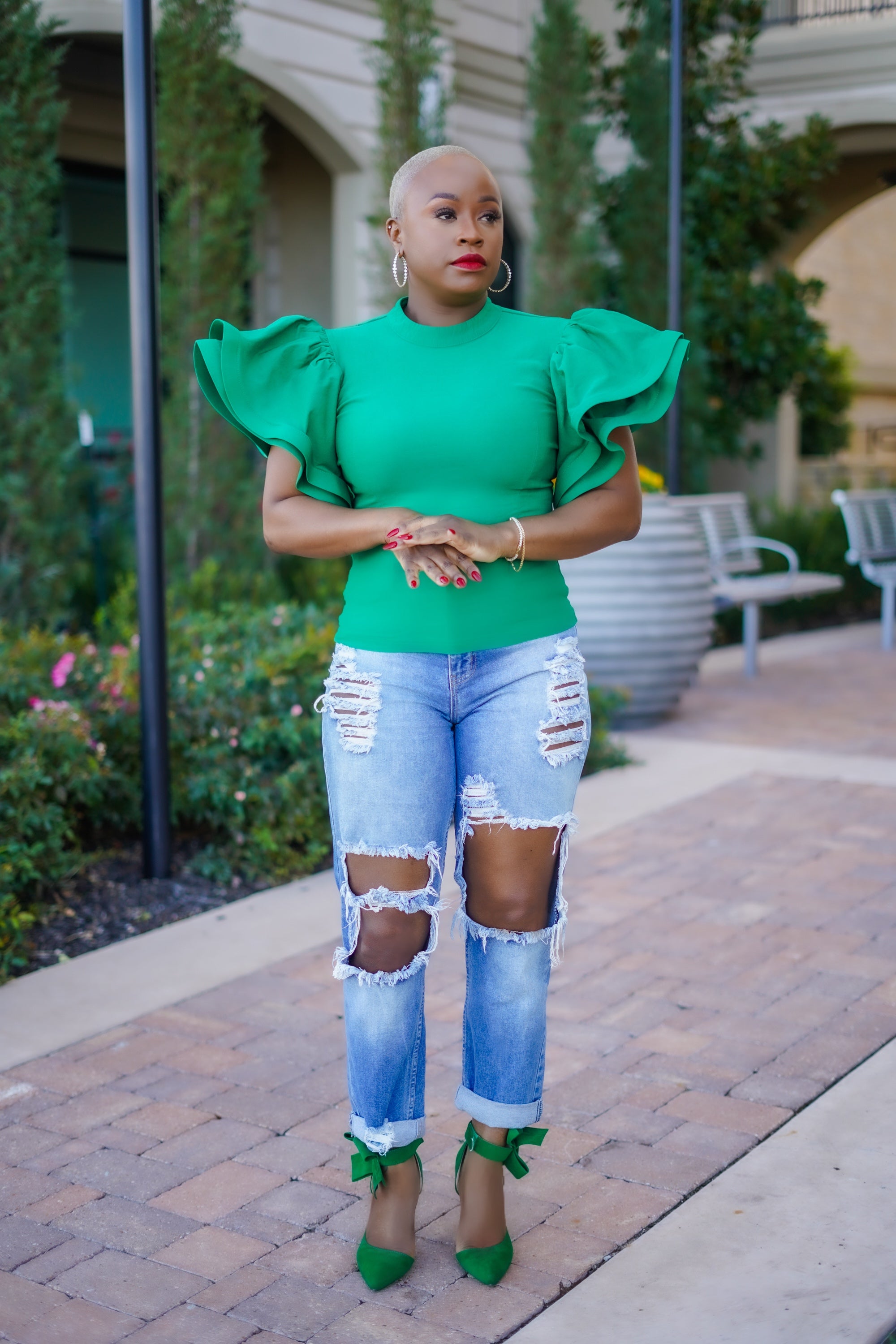 PLUS SIZE--Butterfly Ruffled Sleeve Top (Green)