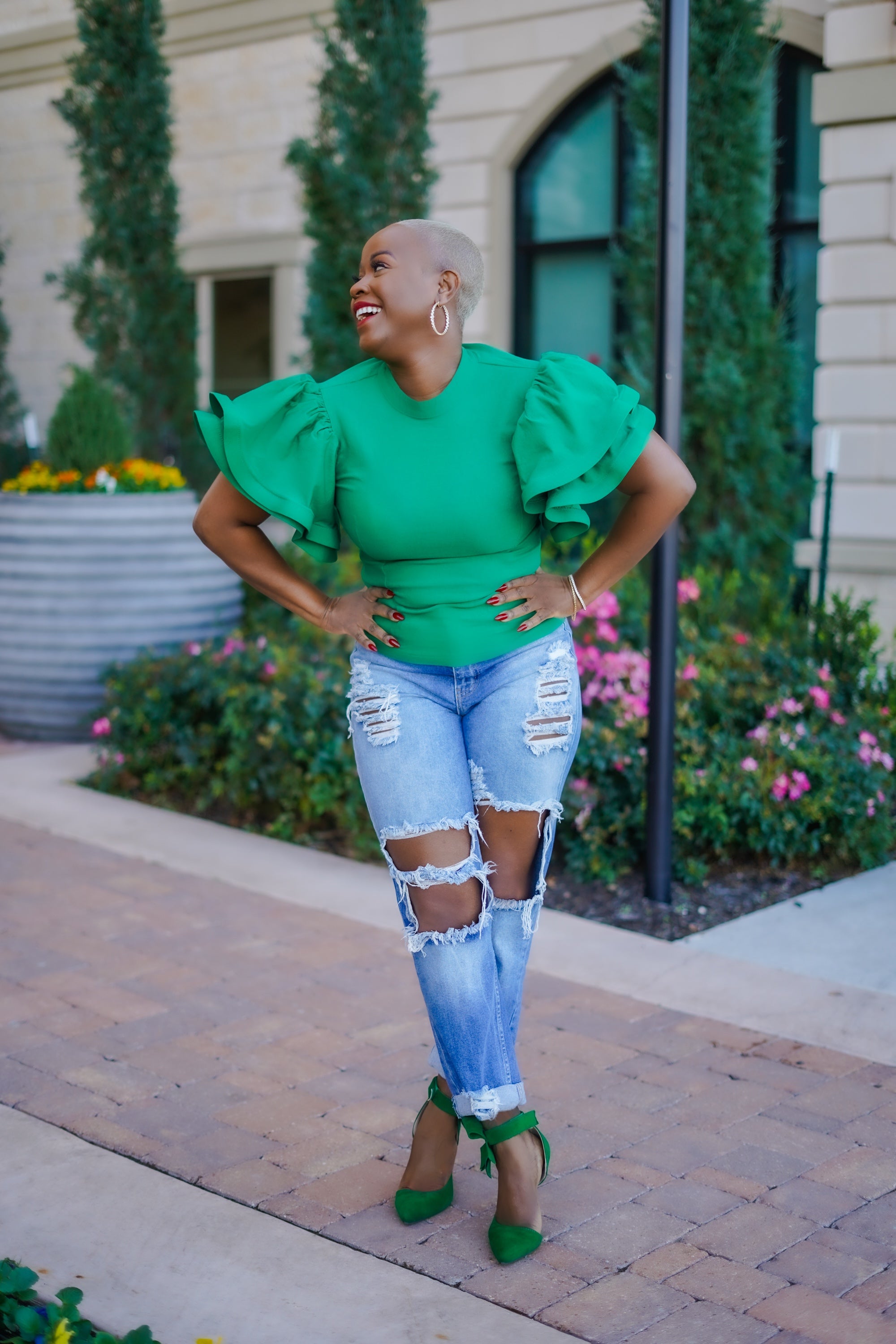 PLUS SIZE--Butterfly Ruffled Sleeve Top (Green)