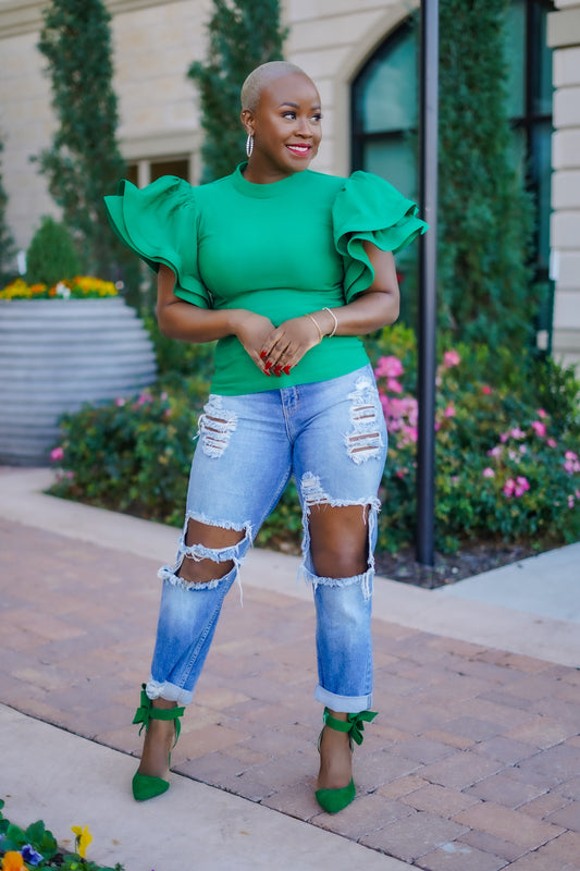 PLUS SIZE--Butterfly Ruffled Sleeve Top (Green)