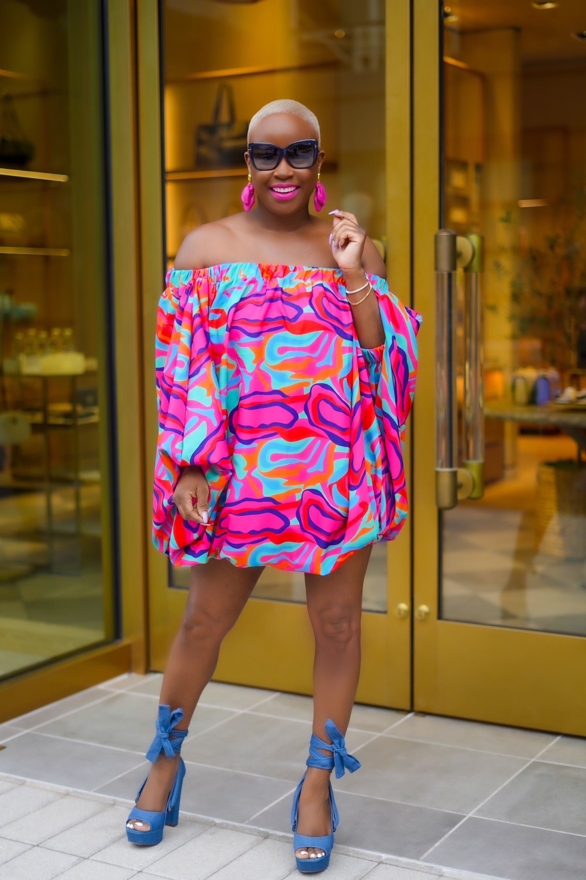 PLUS SIZE--Colorful Abstract Puff Sleeve Mini Dress