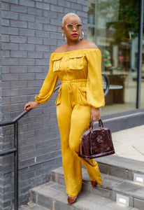 Off Shoulder Jumpsuit W/Pockets (Mustard)--Will Ship The Week Of 11/27/23