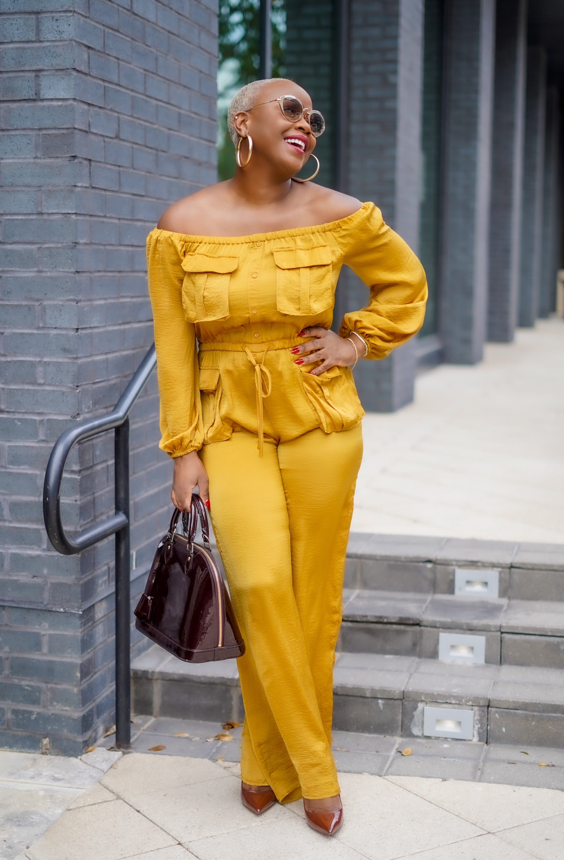 Off Shoulder Jumpsuit W/Pockets (Mustard)--Will Ship The Week Of 10/9/23