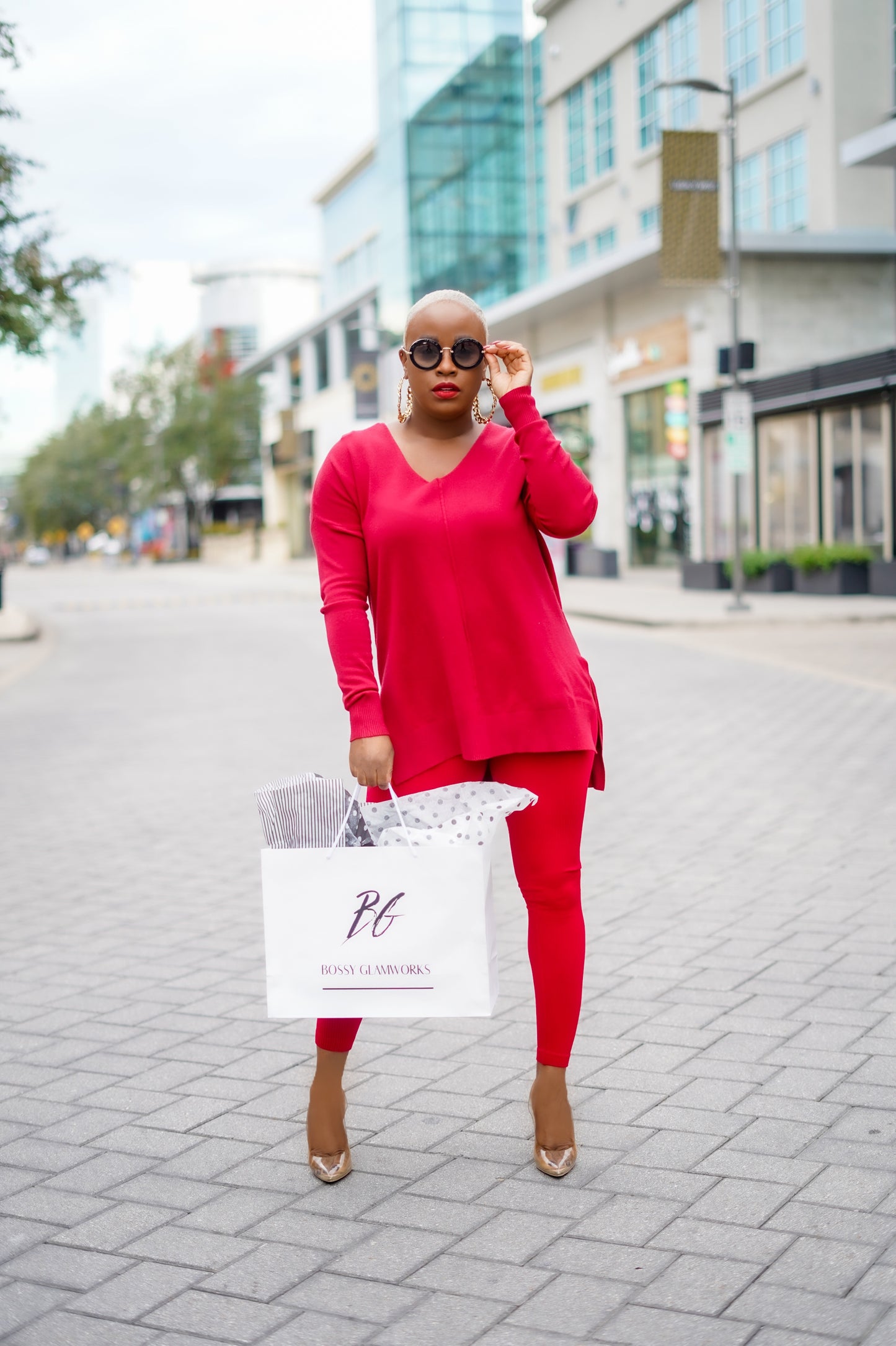 Saturday Morning V-Neck Center Seam Sweater Set (Holiday Red)