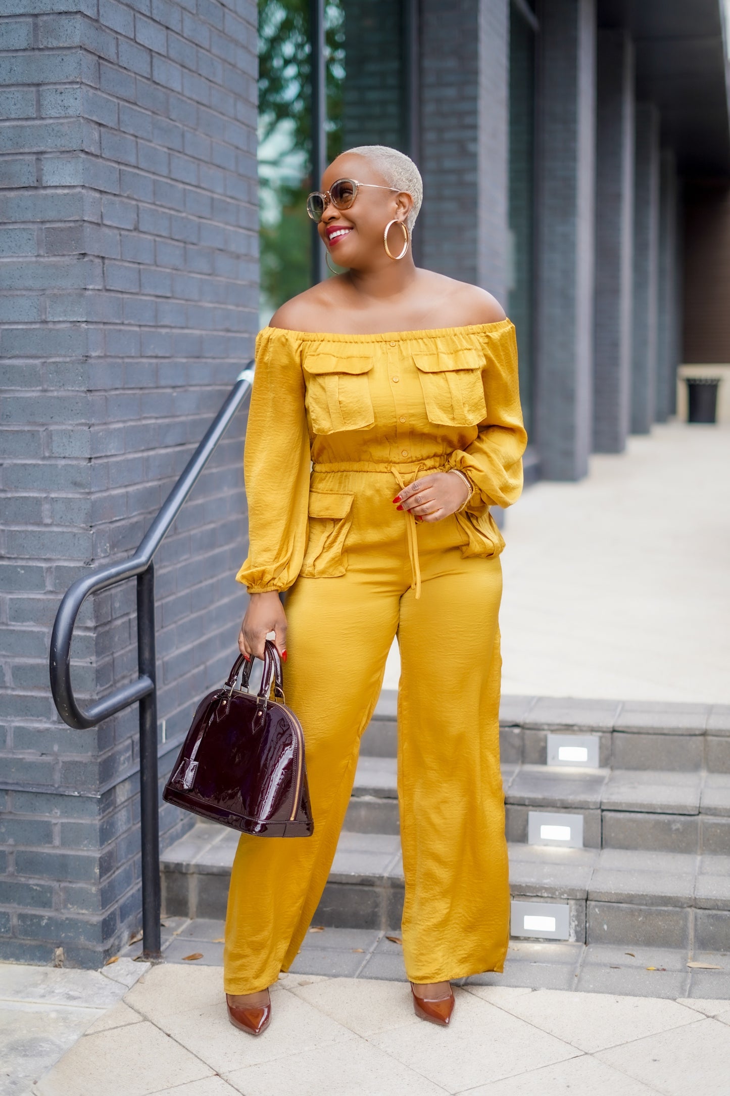 Off Shoulder Jumpsuit W/Pockets (Mustard)