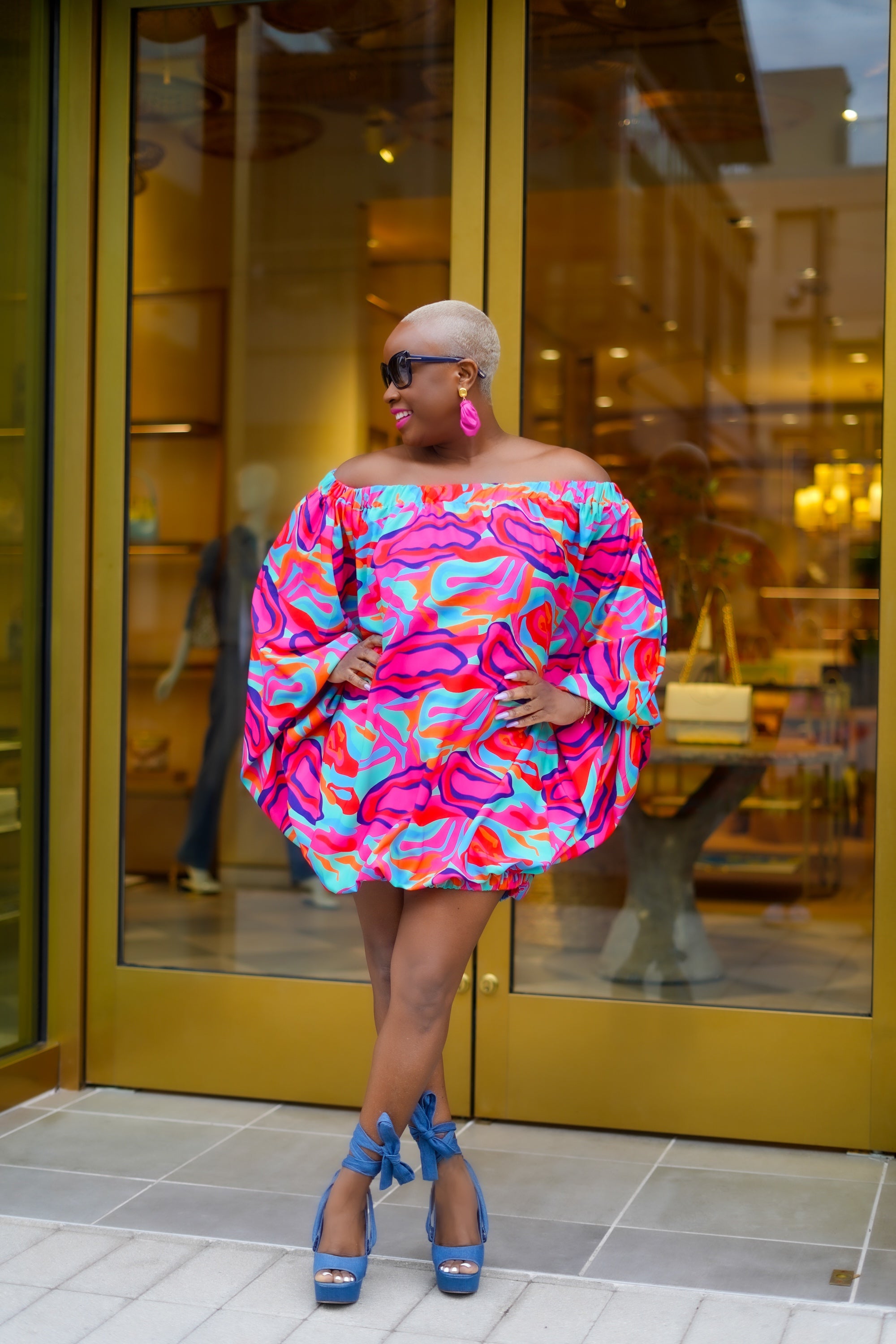 PLUS SIZE--Colorful Abstract Puff Sleeve Mini Dress—Will Ship The Week Of 10/9/23